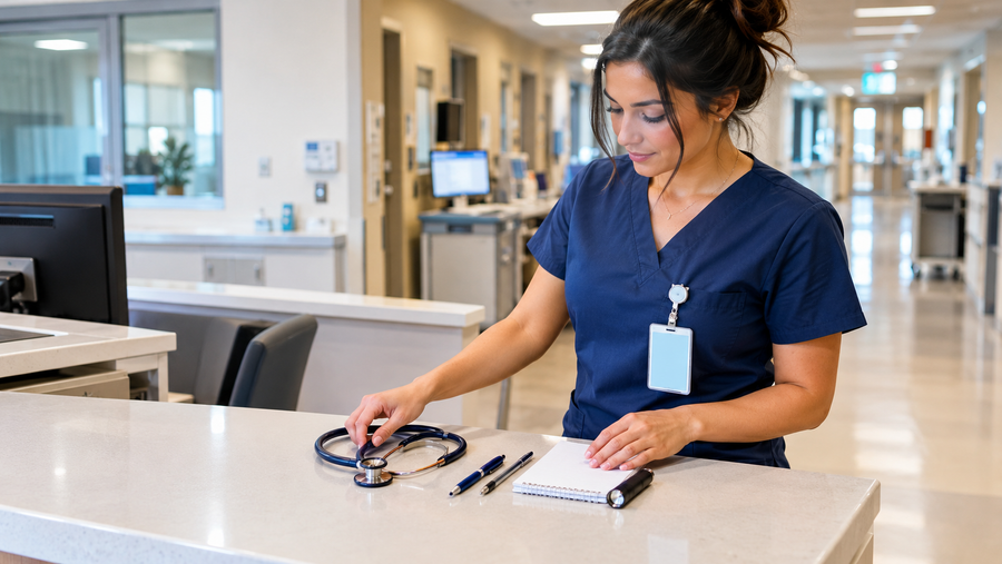 Flat lay of new grad nurse essentials checklist gear for a first hospital shift