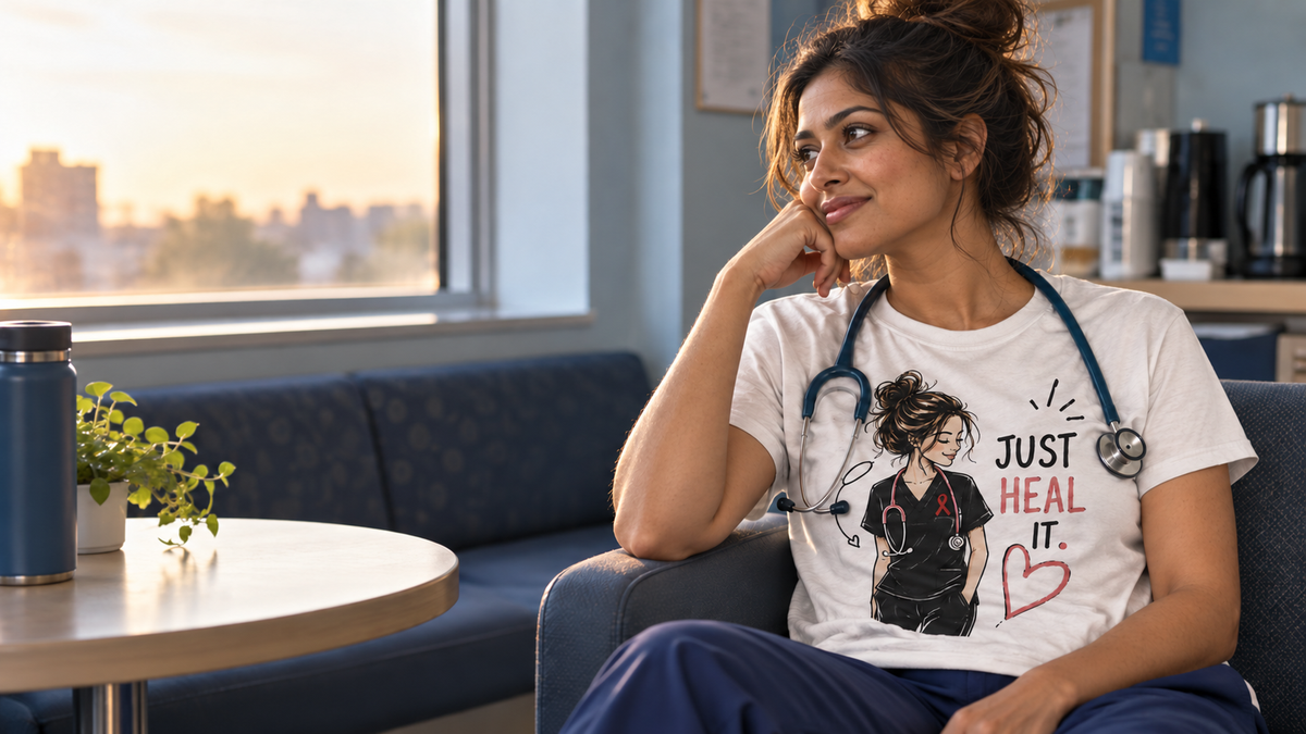 South Asian nurse wearing the Just Heal It nurse T-shirt during a quiet break