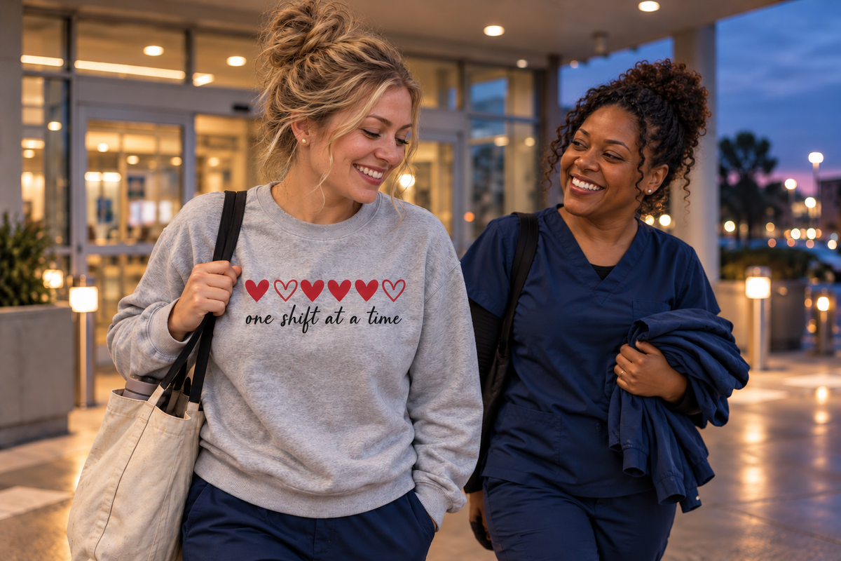 Blonde nurse wearing a One Shift at a Time sweatshirt walking with a colleague after work